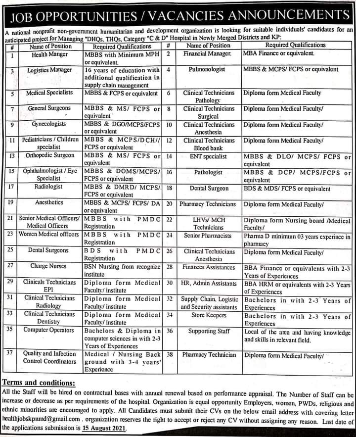 Jobs in Hospital in Newly Merged Districts and KPK