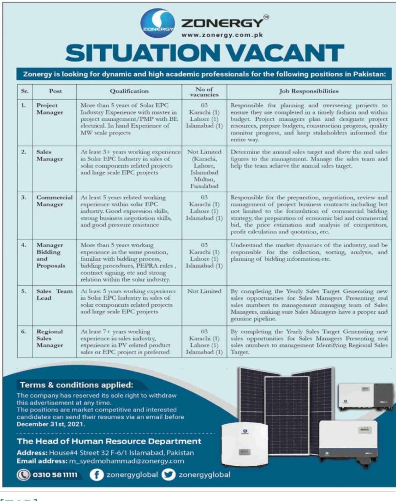 SITUATION VACANT IN ZONERGY Private Company
